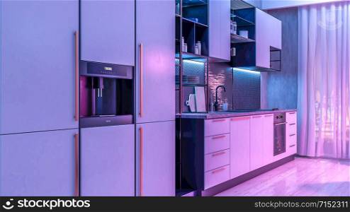 Modern Kitchen interior with light strip light on. 3D illustration