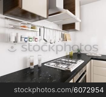Modern kitchen with black granite counter,gas stove, hood,utensils, interior 3d rendering