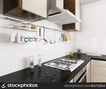 Modern kitchen with black granite counter,gas stove, hood,utensils, interior 3d rendering