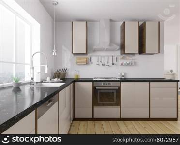 Modern kitchen with black granite counter interior 3d rendering