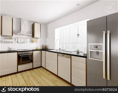 Modern kitchen with black granite counter interior 3d rendering