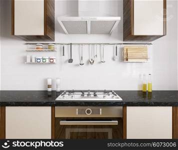 Modern kitchen with black granite counter, oven,gas stove, hood,utensils, interior 3d rendering