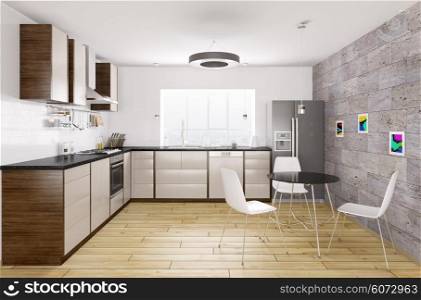 Modern kitchen with black granite counter, window,table and chairs interior 3d rendering