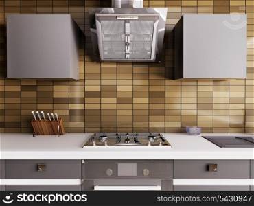 Modern kitchen with gas stoove and hood interior 3d
