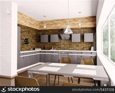 Modern kitchen with sink,gas cooktop and hood interior