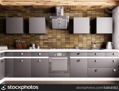 Modern kitchen with sink,gas cooktop and hood interior