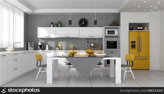 Modern kitchen with table set and built-in yellow fridge - 3d rendering. Contemporary kitchen with table set