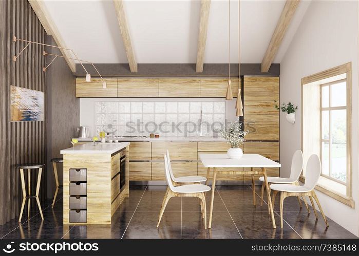 Modern kitchen with white granite counter, window,table and chairs interior 3d rendering