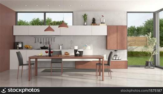 Modern kitchen with wooden dining table , chairs and large winows - 3d rendering. Modern kitchen with dining table and chairs