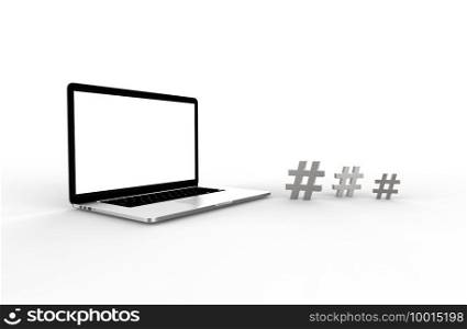 Modern laptop  and hashtag icon isolated on white background. 3D Illustration.