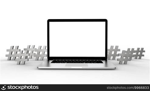 Modern laptop  and hashtag icon isolated on white background. 3D Illustration.