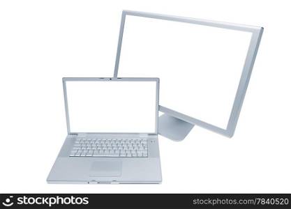 Modern laptop and the monitor on a white background