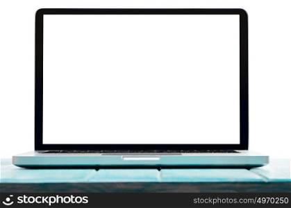 Modern laptop computer, top view. Work on the go. Modern laptop computer on blue wooden table against white background
