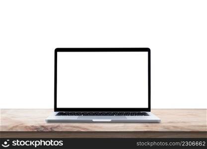 Modern Laptop computer with blank screen on wood table isolated on white background.
