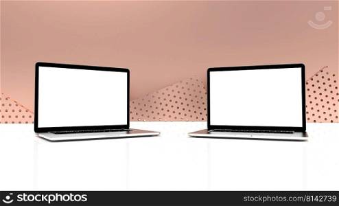 Modern laptop  isolated on rose gold background. 3D Illustration.