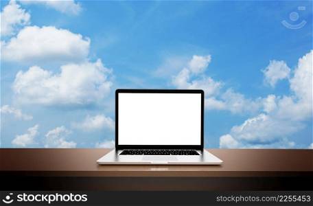 Modern laptop isolated on sky background. 3D Illustration.