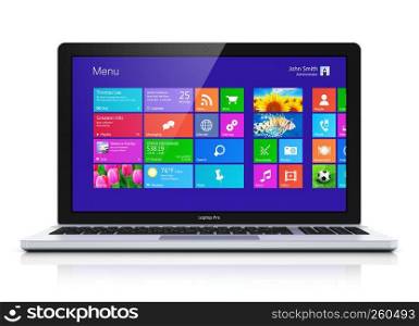 Modern laptop, notebook or computer PC with touchscreen interface with color icons isolated on white background with reflection effect