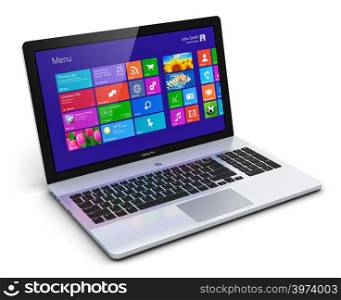 Modern laptop, notebook or computer PC with touchscreen interface with color icons isolated on white background