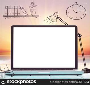 Modern laptop on blue wooden table with blank screen at tropical beach. Elements of this image furnished by NASA. working by the seaside
