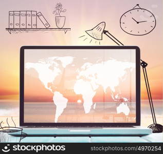 Modern laptop on blue wooden table with blank screen at tropical beach. Elements of this image furnished by NASA. working by the seaside