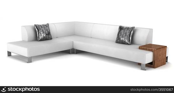 modern leather couch with pillows isolated on white background