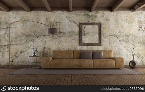 Modern leather sofa in room with old wall,hardwood floor and wooden ceiling - 3d rendering. Modern leather sofa in room with old wall