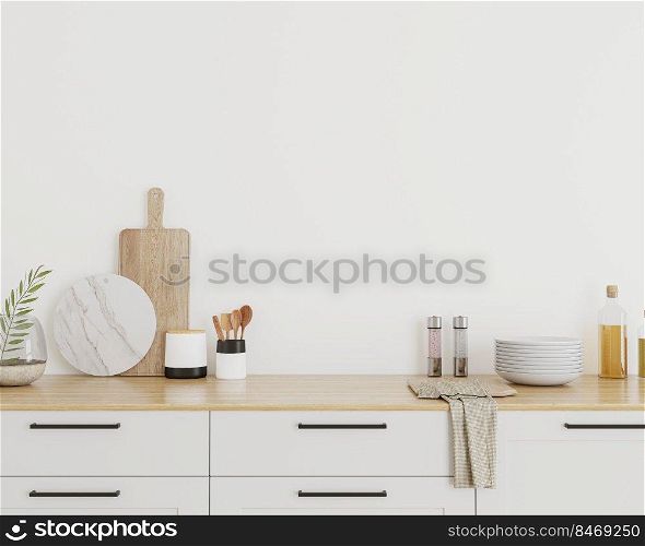 modern light kitchen interior, wall mockup, 3d render