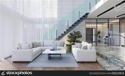 Modern living interior. 3d design concept illustration. Modern living interior.