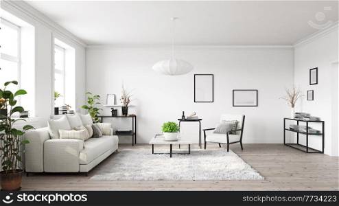 modern living interior design. 3d concept illustration