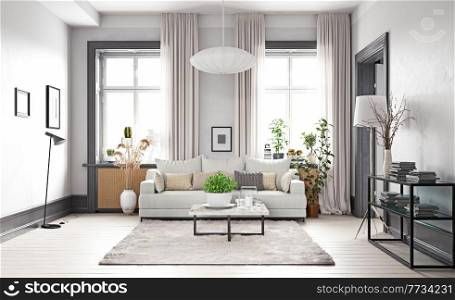 modern living interior design. 3d concept illustration