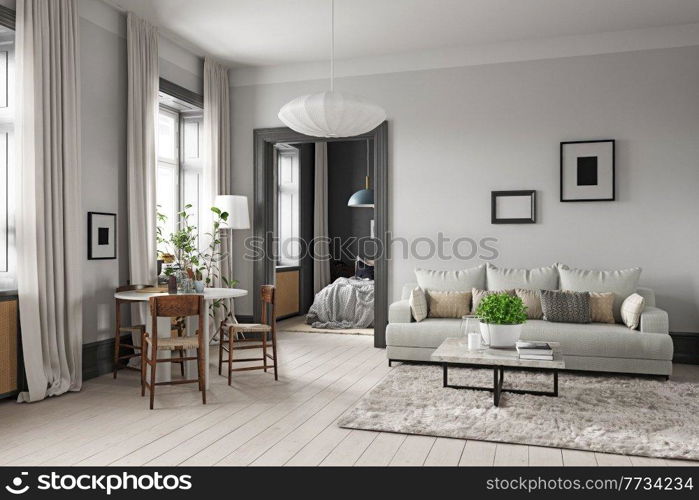 modern living interior design. 3d concept illustration