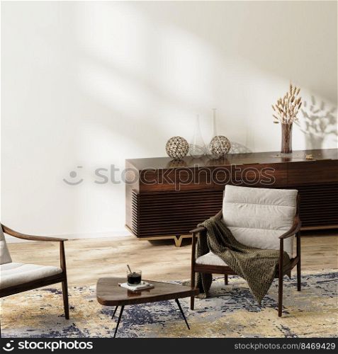 modern living room background, home interior with dark wooden furniture and white wall, 3d rendering