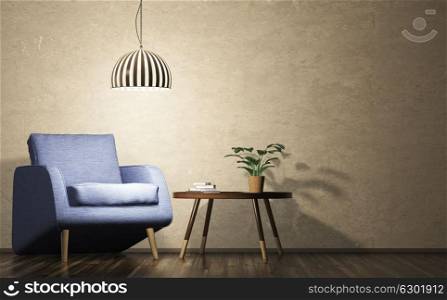 Modern living room evening interior with blue armchair, lamp and coffee table 3d rendering