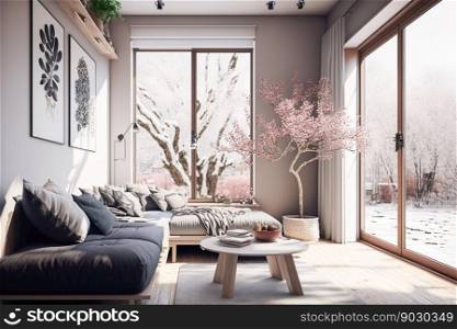 Modern Living room Generative Ai ,Living room with contemporary beige cloth couch 