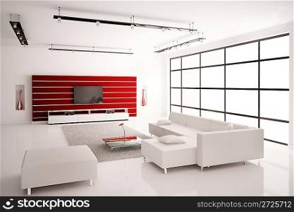 Modern Living room in white red interior 3d render