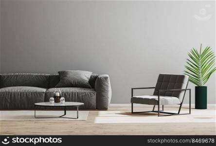 Modern living room interior background mock up in gray color with sofa and armchair, gray wall and wooden floor, room interior design, 3d render