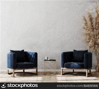 Modern living room interior background mock up, lobby concept, two dark blue stylish armchairs with gold coffee table on wooden floor and gray decorative plaster wall, luxury, 3d rendering