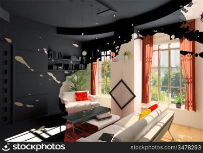 modern living room interior blot effect (3D rendering)