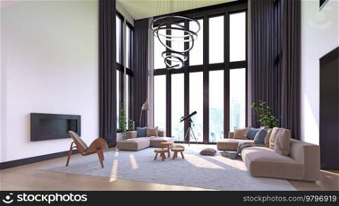 Modern Living room interior design, neutral color scheme. 3D concept rendering. Modern Living room interior design