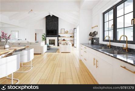 Modern Living room interior design, white kitchen, neutral color scheme. 3D concept rendering. Modern Living room interior design