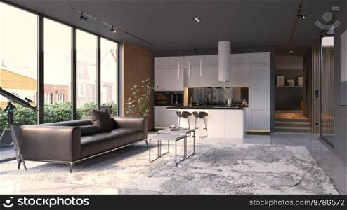 Modern Living room interior design, white kitchen, neutral color scheme. 3D concept rendering. Modern Living room interior design