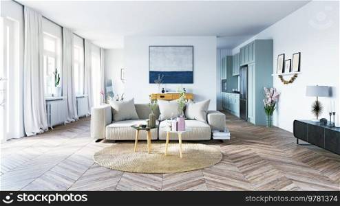Modern Living room interior design, wooden furniture, neutral color scheme. 3d design illustration. Modern Living room interior design