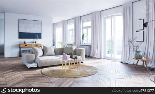 Modern Living room interior design, wooden furniture, neutral color scheme. 3d design illustration. Modern Living room interior design
