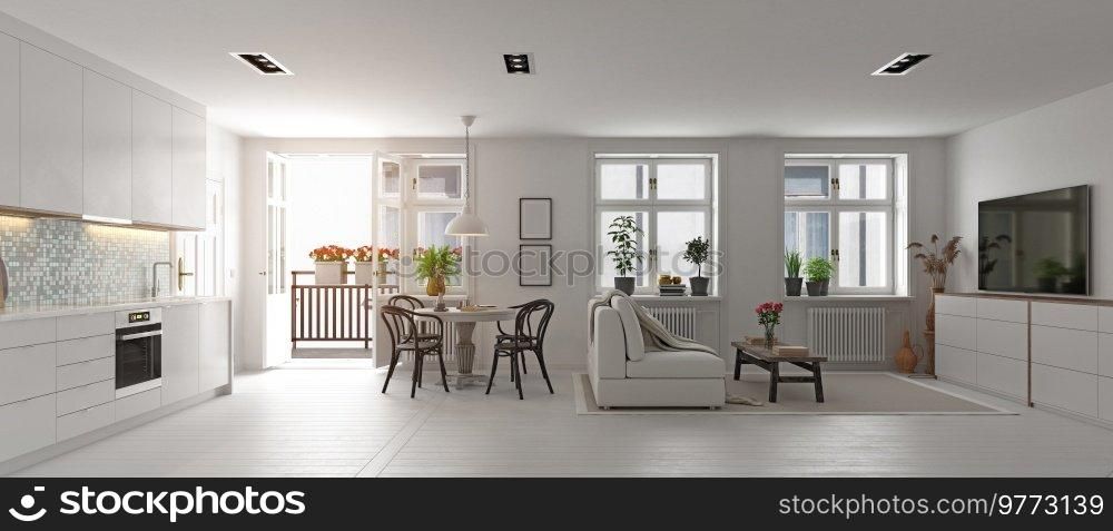 Modern Living room interior design, wooden furniture, white kitchen, neutral color scheme. 3D concept rendering. Modern Living room interior design