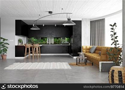Modern Living room interior design, wooden furniture, white kitchen, neutral color scheme. Modern Living room interior design