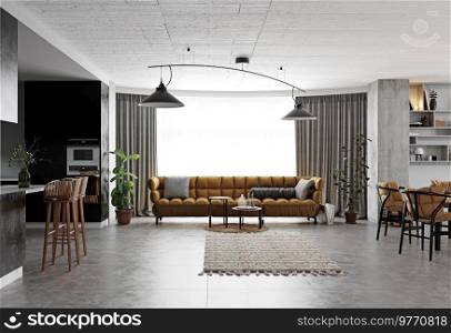 Modern Living room interior design, wooden furniture, white kitchen, neutral color scheme. Modern Living room interior design