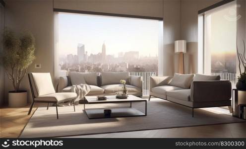 Modern Living room interior furniturewith large windows and city view. generative AI