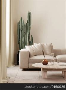 modern living room interior in beige tones with sofa and coffee table, curtains and cactus on background, 3d render