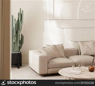 Modern living room interior in beige tones with sofa with coffee table, cactus and stone wall panel, 3d render