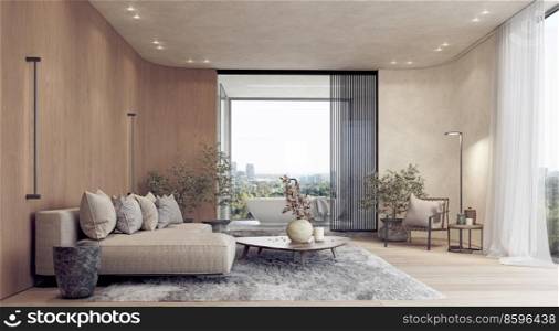 modern living room interior with bath. 3d rendering design concept